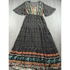 Pretty Garden Maxi Boho Dress Floral Paisley Print Women’s Medium